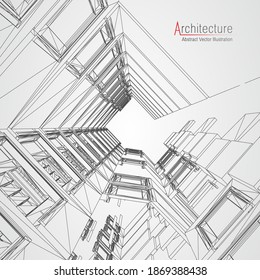 Fondo de la línea de arquitectura. Resumen del vector del esbozo de construcción. Proyecto 3d de la ciudad moderna. Rejilla geométrica de tecnología. Casa de diseño de alambre. Wireframe de innovación de arquitectos digitales.