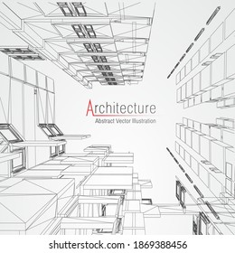 Architecture line background. Building construction sketch vector abstract. Modern city 3d project. Technology geometric grid. Wire blueprint house. Digital architect innovation wireframe.