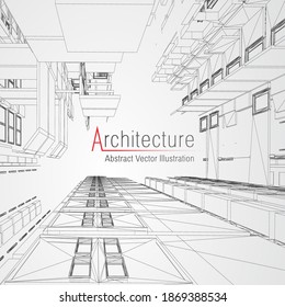 Fondo de la línea de arquitectura. Resumen del vector del esbozo de construcción. Proyecto 3d de la ciudad moderna. Rejilla geométrica de tecnología. Casa de diseño de alambre. Wireframe de innovación de arquitectos digitales.