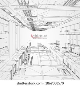 Architektur, Hintergrund. Bauskizze, Vektorgrafik abstrakt. Modernes 3D-Projekt der Stadt. Technisches geometrisches Raster. Wire Blueprint House. Innovationsnetzwerk für digitale Architekten