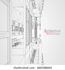 Architecture line background. Building construction sketch vector abstract. Modern city 3d project. Technology geometric grid. Wire blueprint house. Digital architect innovation wireframe.