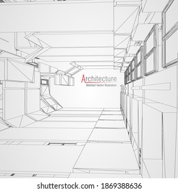 Architecture line background. Building construction sketch vector abstract. Modern city 3d project. Technology geometric grid. Wire blueprint house. Digital architect innovation wireframe.
