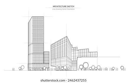 Dibujo de línea de arquitectura.
Esbozo de paisaje urbano, Esbozo de Vector. Ilustración de arquitectura.