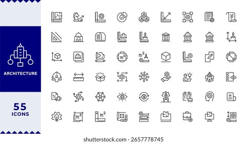 Arquitetura Linha Ícones editáveis set.Vetor ilustração no estilo de linha fina moderna de ícones relacionados a negócios: estratégia, metodologia, regulamento, escritório, fábrica, loja, ícone de IU grande definido em um design plano.