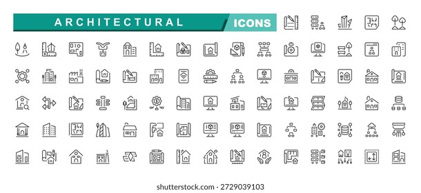Conjunto de iconos de línea de arquitectura. Contiene símbolos tales como plano, hogar, arquitectura, Plan, medida, casa, rascacielos, diseño de puentes, casa moderna, edificio histórico.