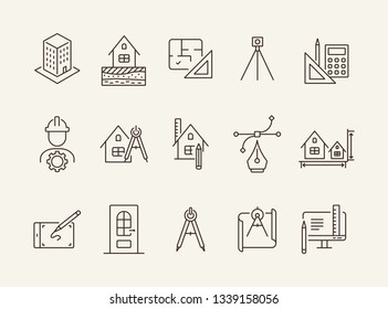Architecture line icon set. Engineer, ruler, compass, blueprint, house. Architecture concept. Can be used for topics like building design, construction, house project