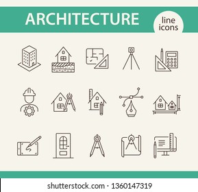 Architecture Line Icon Set. Engineer, Ruler, Compass, Blueprint, House. Architecture Concept. Can Be Used For Topics Like Building Design, Construction, House Project