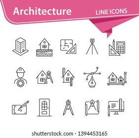 Architecture line icon set. Engineer, ruler, compass, blueprint, house. Architecture concept. Can be used for topics like building design, construction, house project