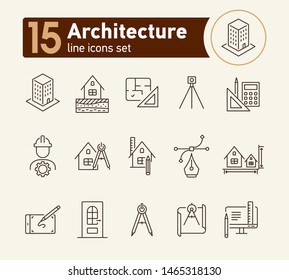 Architecture line icon set. Engineer, ruler, compass, blueprint, house. Architecture concept. Can be used for topics like building design, construction, house project