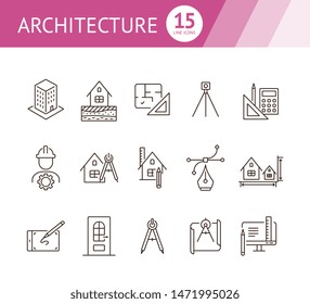 Architecture line icon set. Engineer, ruler, compass, blueprint, house. Architecture concept. Can be used for topics like building design, construction, house project