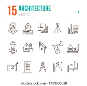 Architecture line icon set. Engineer, ruler, compass, blueprint, house. Architecture concept. Can be used for topics like building design, construction, house project