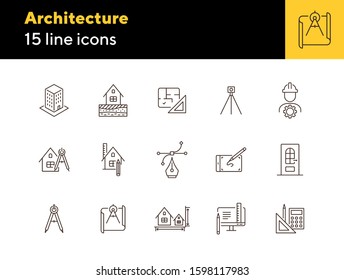 Architecture line icon set. Engineer, ruler, compass, blueprint, house. Architecture concept. Can be used for topics like building design, construction, house project