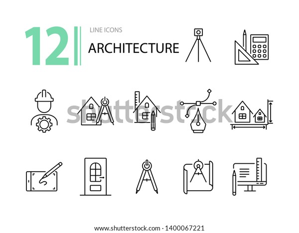 建築線のアイコンセット エンジニア 定規 羅針盤 設計図 住宅 建築のコンセプト 建築設計 建設 住宅プロジェクトなどのトピックに使用できます のベクター画像素材 ロイヤリティフリー