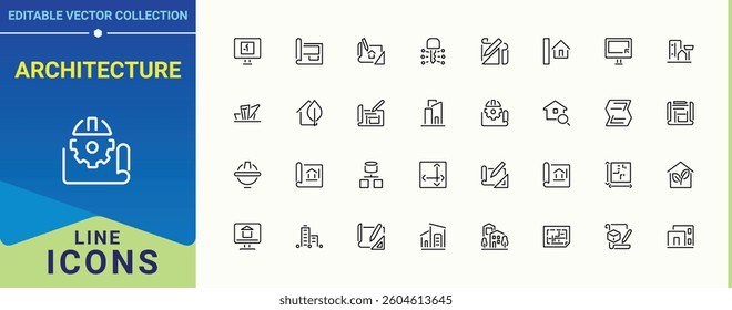 Architecture line icon set. Includes symbols for engineer, plan, house, architect, drawing and more. Architectural icon set. Outline icons in linear style. Vector illustration.