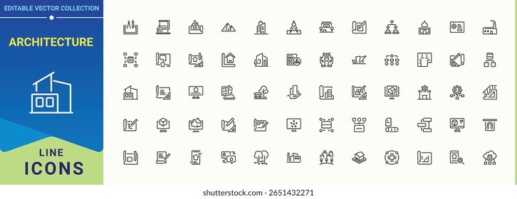 Conjunto de ícones de linha de arquitetura. Pacote de ícones de estrutura de tópicos de arquitetura. Coleção de ícones minimalistas. Conjunto de ícones de linha de vetor de engenheiro. Ilustração vetorial em estilo de linha moderno.