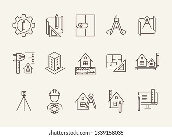 Architecture line icon set. Pencil, ruler, floor plan, building project. Architecture concept. Can be used for topics like house design, construction, engineering, measurement