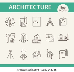 Architecture line icon set. Pencil, ruler, floor plan, building project. Architecture concept. Can be used for topics like house design, construction, engineering, measurement