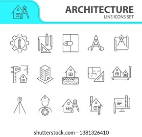 Architecture line icon set. Pencil, ruler, floor plan, building project. Architecture concept. Can be used for topics like house design, construction, engineering, measurement