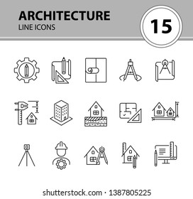 Architecture line icon set. Pencil, ruler, floor plan, building project. Architecture concept. Can be used for topics like house design, construction, engineering, measurement