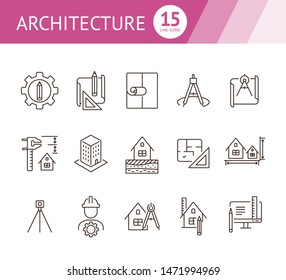 Architecture line icon set. Pencil, ruler, floor plan, building project. Architecture concept. Can be used for topics like house design, construction, engineering, measurement