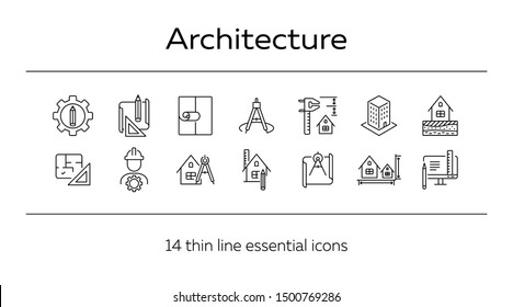 Architecture line icon set. Pencil, ruler, floor plan, building project. Architecture concept. Can be used for topics like house design, construction, engineering, measurement
