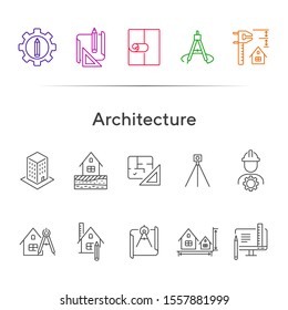 Architecture line icon set. Pencil, ruler, floor plan, building project. Architecture concept. Can be used for topics like house design, construction, engineering, measurement