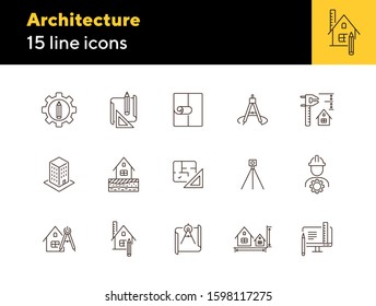 Architecture line icon set. Pencil, ruler, floor plan, building project. Architecture concept. Can be used for topics like house design, construction, engineering, measurement