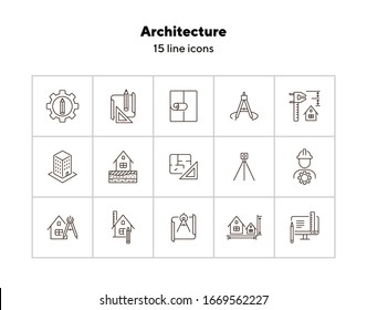 Architecture line icon set. Pencil, ruler, floor plan, building project. Architecture concept. Can be used for topics like house design, construction, engineering, measurement