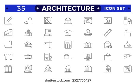 Coleção de ícones da linha de arquitetura. Banco, templo, escritório, fábrica, loja, hotel, ícones do hospital. Ícone de IU definido. Apartamento interior blueprint. Construção de casas.
