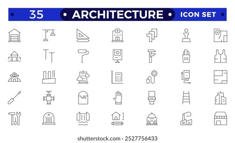 Architecture line icons collection. Bank, temple, office, factory, shop, hotel, hospital icons. UI icon set. Apartment interior blueprint. House construction.
