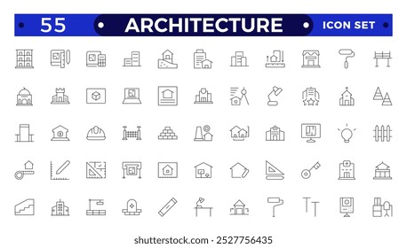 Architecture line icons collection. Bank, temple, office, factory, shop, hotel, hospital icons. UI icon set. Apartment interior blueprint. House construction.
