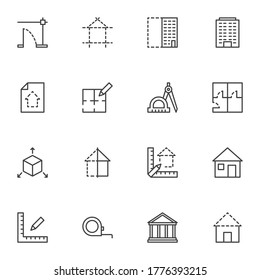 Architecture line icons set, outline vector symbol collection, linear style pictogram pack. Signs, logo illustration. Set includes icons as building construction, house blueprint, architectural tool