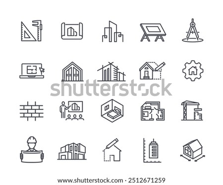 Architecture line icons set. Simple symbols with real estate scheme and building project plan. Editable stroke. Design for app. Outline vector illustration collection isolated on white background
