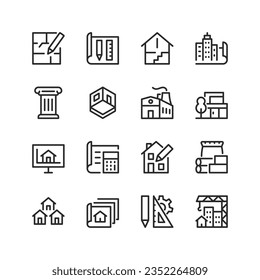 Architecture, linear style icons set. Architectural project, documentation. Drawing, plan. Project development of a house, a multi-storey building, an industrial building. Editable stroke width