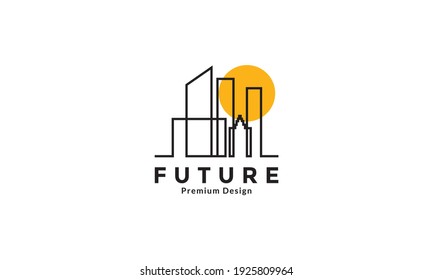 architecture lines building city skyscraper with sunset logo design vector icon symbol graphic illustration