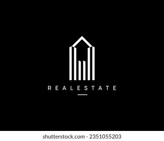 Logo de la arquitectura. Signo de construcción de vector abstracto. Edificio moderno de la ciudad, apartamento, paisaje urbano, rascacielos, perfil de la ciudad, diseño del logo de la planificación y estructura.