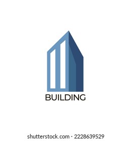 Architecture logo for building company in minmalistic style for branding in blue and grey colors with glass tower house