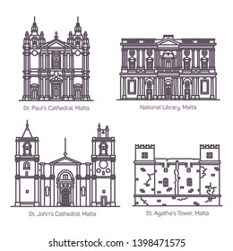 Architecture of Malta in thin line and exterior view. National Library landmark, Saint John and St. Paul cathedral, Agatha or Red, Mellieha or Agatha Fort Tower. Set of isolated historical buildings