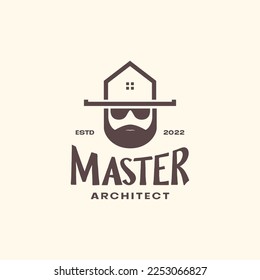 architecture master bearded home hat specialist structure vintage logo design vector icon illustration template