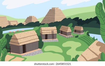 Architecture of Maya civilization. Ancient tribal village of native Mayan tribe. Aztec pyramids, medieval Mexican temples. Old Inca huts, houses, stone buildings of religion. Flat vector illustration