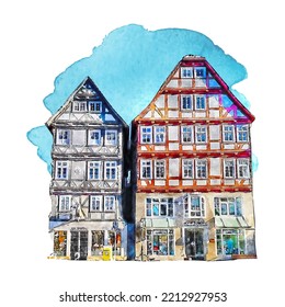 Architecture melsungen germany watercolor hand drawn illustration isolated on white background