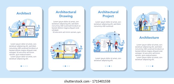 Architecture mobile application banner set. Idea of building project and construction work. Scheme of house, engineer industry. Construction company business. Isolated flat vector illustration