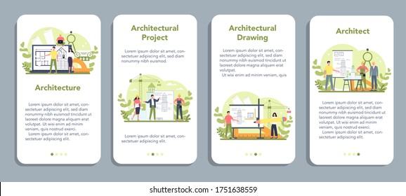 Architecture mobile application banner set. Idea of building project and construction work. Scheme of house, engineer industry. Construction company business. Isolated flat vector illustration