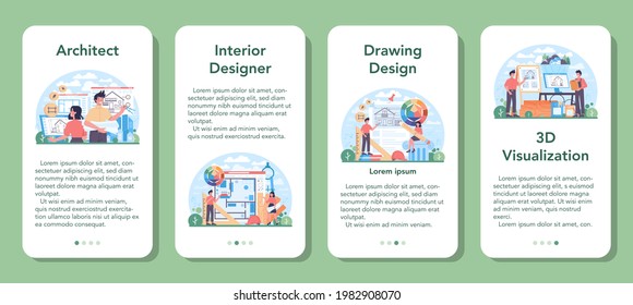 Conjunto de banners de aplicación móvil de arquitectura. Idea de construcción y construcción. Rentabilidad de la casa. Empresa de construcción, industria de ingeniería. Ilustración vectorial plana aislada