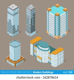 Architecture modern business buildings icon set flat 3d isometric web illustration vector. Business center mall public government and skyscrapers. Build your own world web infographic collection.