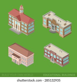 Architecture modern city historic educational buildings icon set flat 3d isometric web illustration vector. Public library university school government. Build your own world web infographic collection