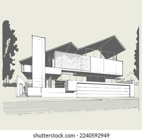 Architecture of modern house.  Building exterior of contemporary villa. Private real estate. Colored flat graphic vector illustration isometric building on  background