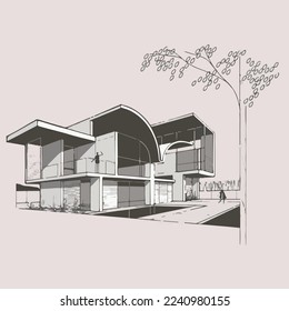 Architecture of modern house.  architecture drawing Building exterior of contemporary villa. Private real estate. Colored flat graphic vector illustration isometric building on  background