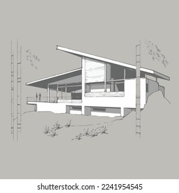 Architecture of modern house.  architecture drawing Building exterior of contemporary villa. Private real estate. Colored flat graphic vector illustration isometric building on  background
