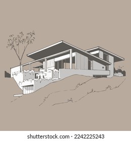 Architecture of modern house.  architecture drawing Building exterior of contemporary villa. Private real estate. Colored flat graphic vector illustration isometric building on  background